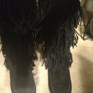 Black suede three tiered fringe boots